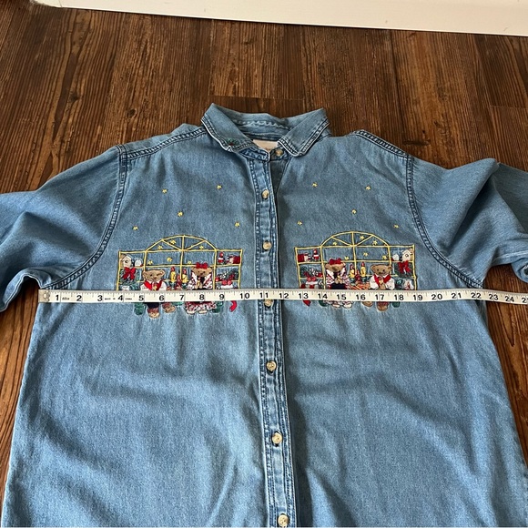 Bobbie Brooks Denim Christmas Bears Embroidery Button Down Shirt Sz Large - Picture 7 of 9